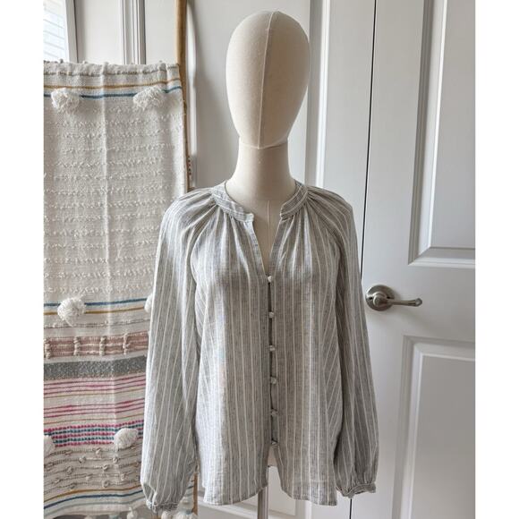 Faherty Tops - Faherty Naomi Grey Striped Long Sleeves Button Down Linen Blend Shirt Size Small